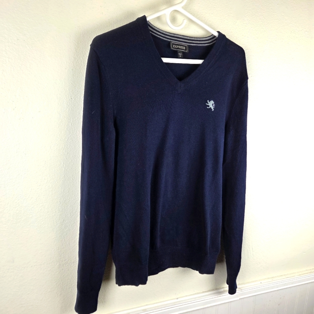 Express Men's Navy Cotton Pull Over V-Neck Sweater Size Small